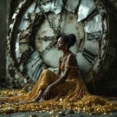 The primary subject of the image is a woman sitting on the ground, surrounded by gold coins. She is wearing a gold dress and is positioned in front of a large clock. The setting appears to be a room with a clock on the wall, and the visual style is a photo. The colors and mood of the image are warm and rich, with the gold coins and the woman's dress adding a sense of luxury and elegance to the scene.